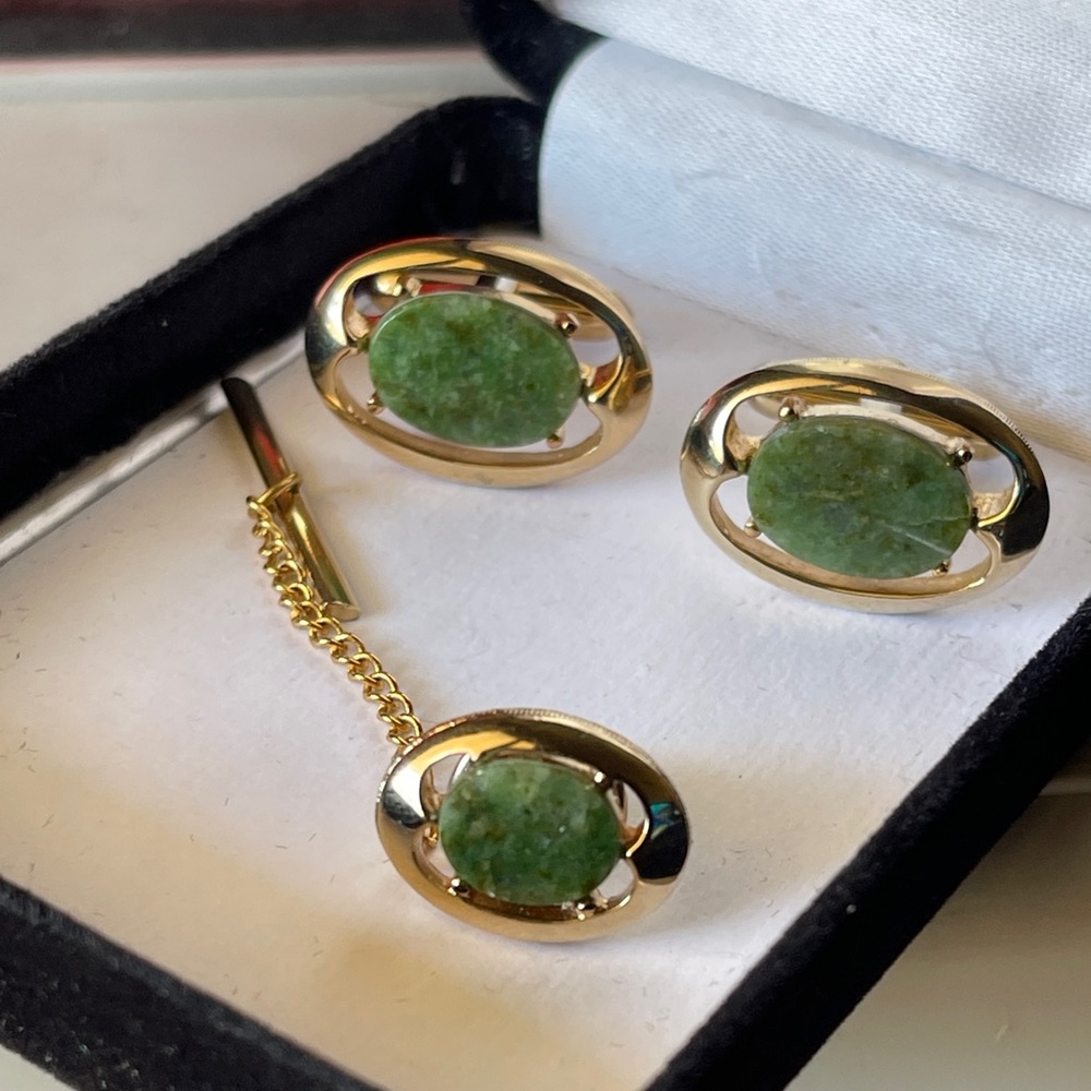 Vintage Genuine Mottled Green And White Jade Cufflink and Tie Tack Set